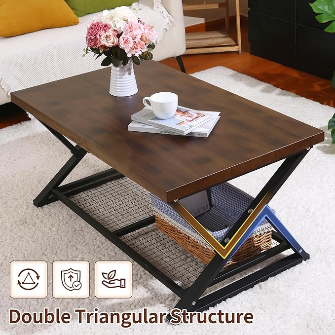 EASYSOUL Coffee Table with Storage Shelf, Solid Wood Top with Black Metal X-Frame, 39.37" D x 23.62" W x 18.11" H, Mid Century Modern Center Coffee Tables for Living Room with 2 Tier (Brow, 47.24")