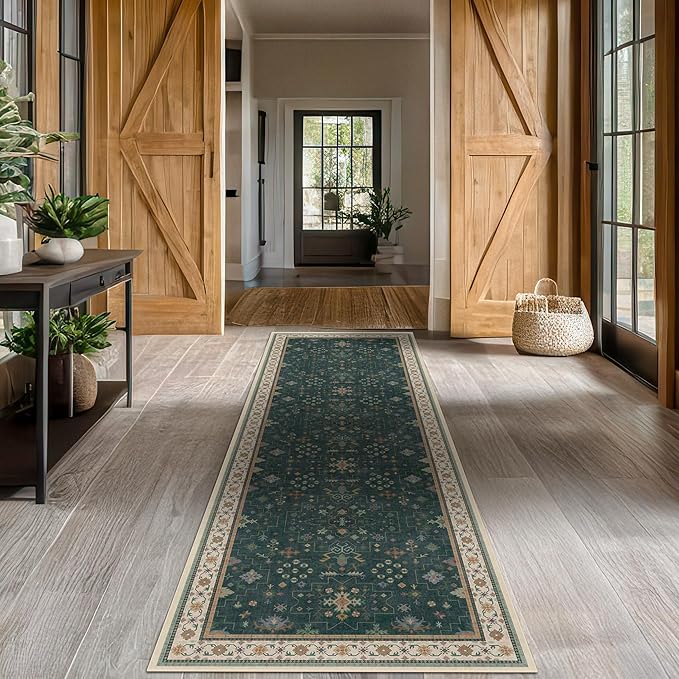 Dark Green Washable Kitchen Runner Rug, 2'6"x8' Wide & Long Non-Slip Rubber Backing Runner for Hallways, Stain Resistant Rugs for Entryway