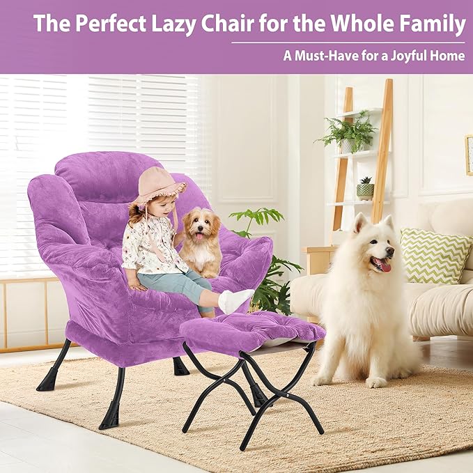 Lazy Chair with Folding Ottoman, Accent Chair Plush Upholstered with Metal Structure and Non-Slip Pads, Sofa Armchair with Footrest and Side Storage Bag for Dorm, Room, Office, Purple
