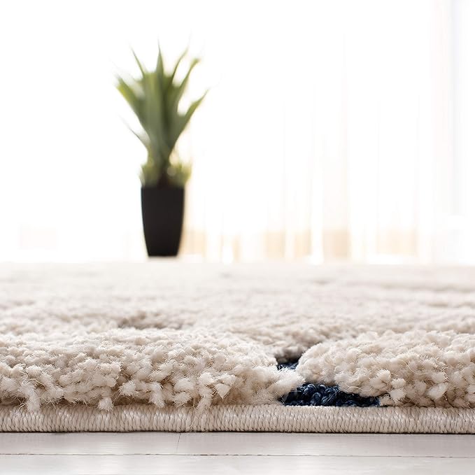SAFAVIEH Florida Shag Collection Area Rug - 5' Square, Cream & Blue, Scroll Design, Non-Shedding & Easy Care, 1.2-inch Thick Ideal for High Traffic Areas in Living Room, Bedroom (SG455-1165)