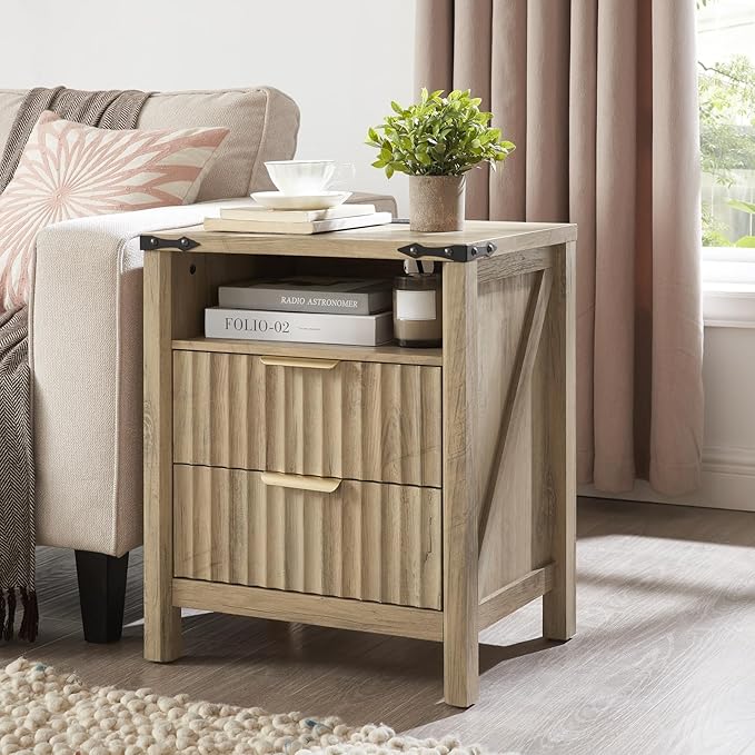 Fluted Nightstand with Charging Station - 20 Inch Wide Farmhouse Bedside Table with 2 Drawers, Modern Wood End Side Table for Bedroom Study Storage Home (Sunwashed Ash Oak)