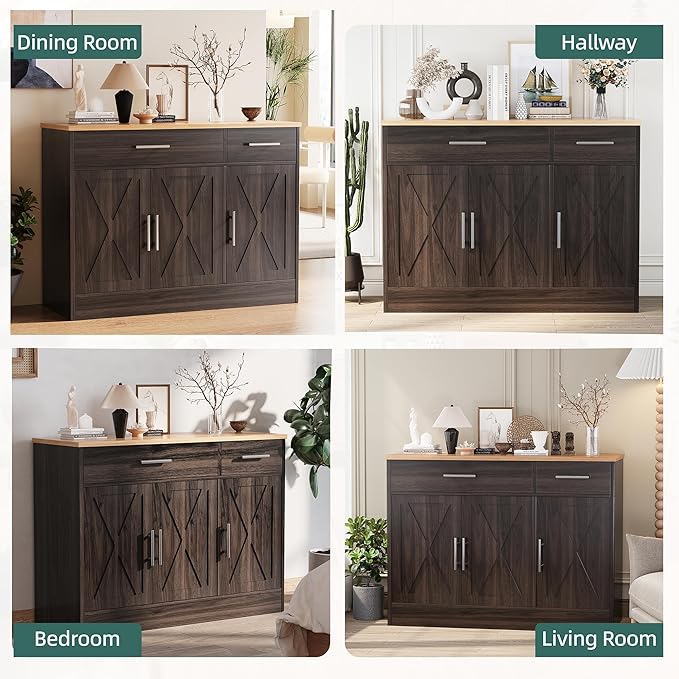 Shintenchi Modern Farmhouse Sideboard Buffet Cabinet,Barn Doors Buffet Cabinet with 2 Drawers & 3 Doors,Wood Coffee Bar Cabinet with Adjustable Shelf for Kitchen Living Room,Brown