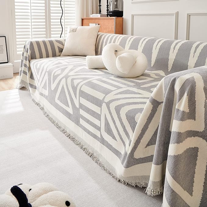 STACYPIK Boho Gray White Cream Sofa Cover Reversible Triangle Geometric Couch Cover Protector Cover Washable Jacquard Furniture Protector for 3 Cushion Couch Multi-Use Sectional Sofa Cover-91X150IN