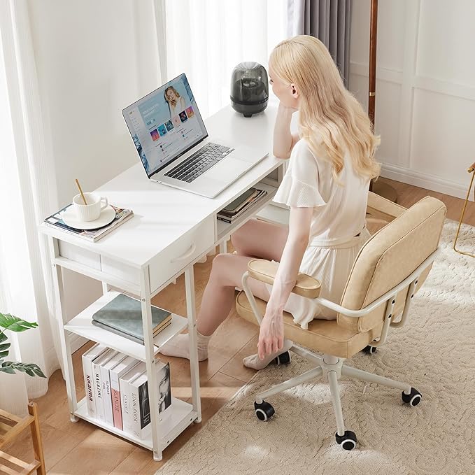 Whitmor Computer Desk - 48 Inch Home Office Study Writing Table with 2 Fabric Drawers, Storage Shelves, Side Bag, Headphone Hook, White