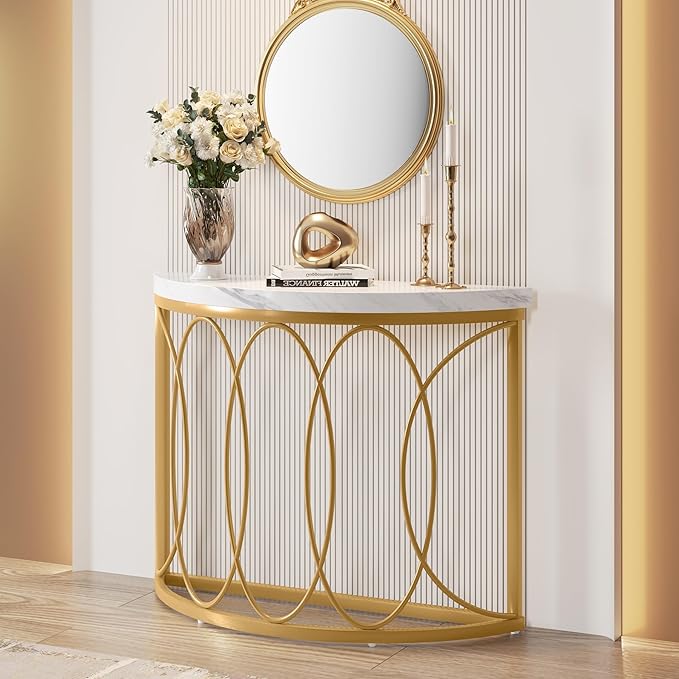 LITTLE TREE Half Moon Gold Console Table, 43 Inch Modern Faux Marble Entryway Table, Narrow Semi Circle Sofa Accent Table with Geometric Metal Frame for Living Room, Hallway