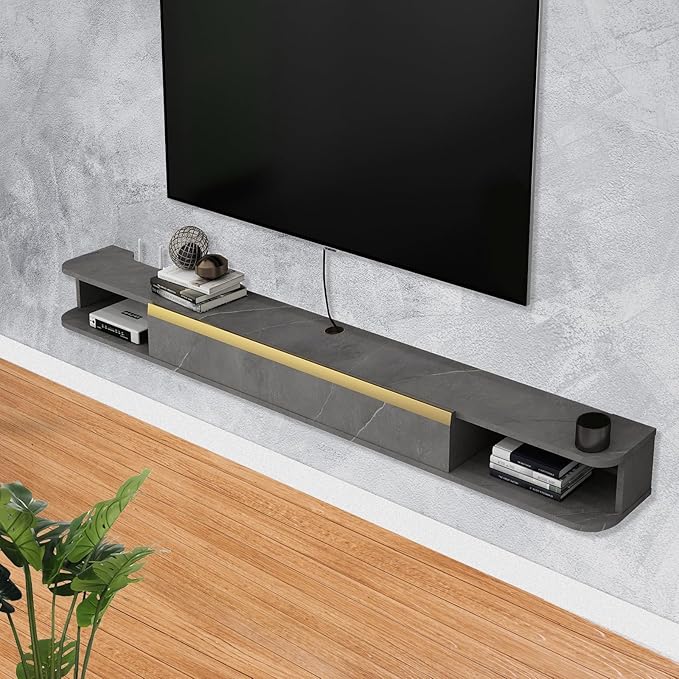 Floating TV Stand, 55'' Wall Mounted Entertainment Center TV Media Console, Floating Shelves with Door, Floating TV Cabinet Large Storage TV Bench for Living Room (Dark Grey, 55.11IN)