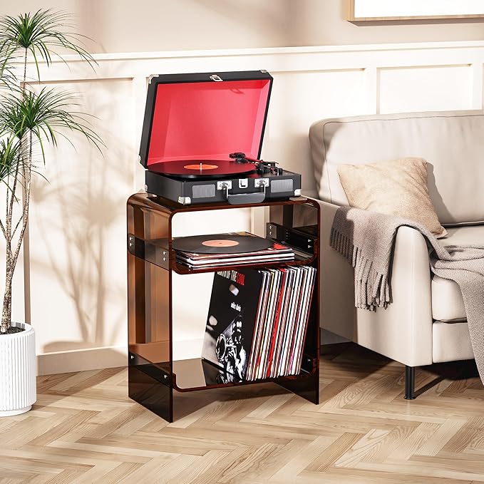 Acrylic Record Player Table with Storage Shelf, Clear Side Table Nightstand (Dark Brown)