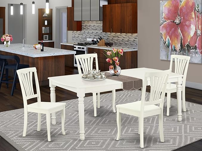 East West Furniture DOAV5-LWH-W 5 Piece Dining Set Includes a Rectangle Dining Room Table with Butterfly Leaf and 4 Wood Seat Chairs, 42x78 Inch, Linen White