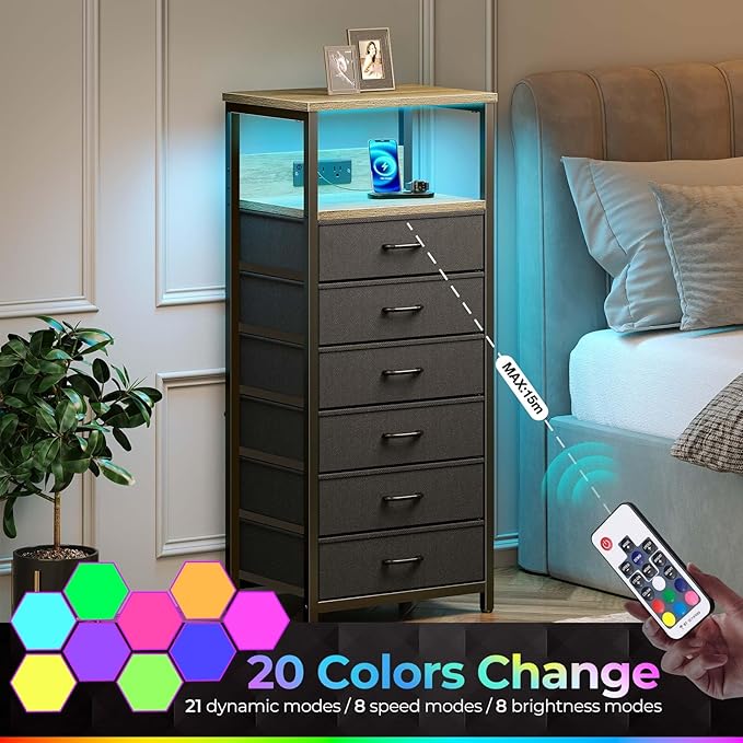 Seventable Night Stand with Charging Station, Tall Nightstand with 6 Fabric Storage Drawers, Side Table with LED Light for Bedroom, Entryway, Greige, Set of 2