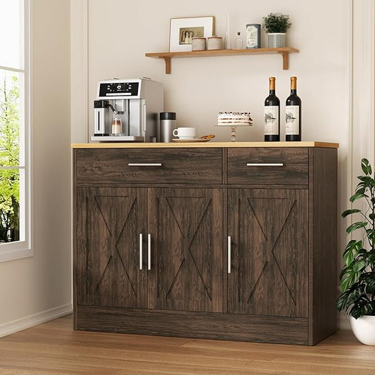 Shintenchi 3 Doors Farmhouse Sideboard Buffet Cabinet,42" Barn Doors Buffet Cabinet with Storage,Wood Coffee Bar Cabinet with Adjustable Shelf for Kitchen,Living Room,Brown