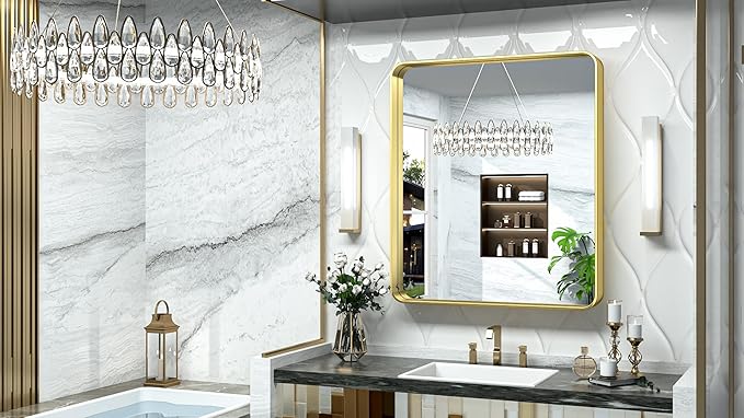 TokeShimi 32x36 Inch Gold Bathroom Mirror for Wall Metal Rounded Corner Rectangle Mirror Metal Frame Deep Set Design Hangs Horizontal Or Vertical