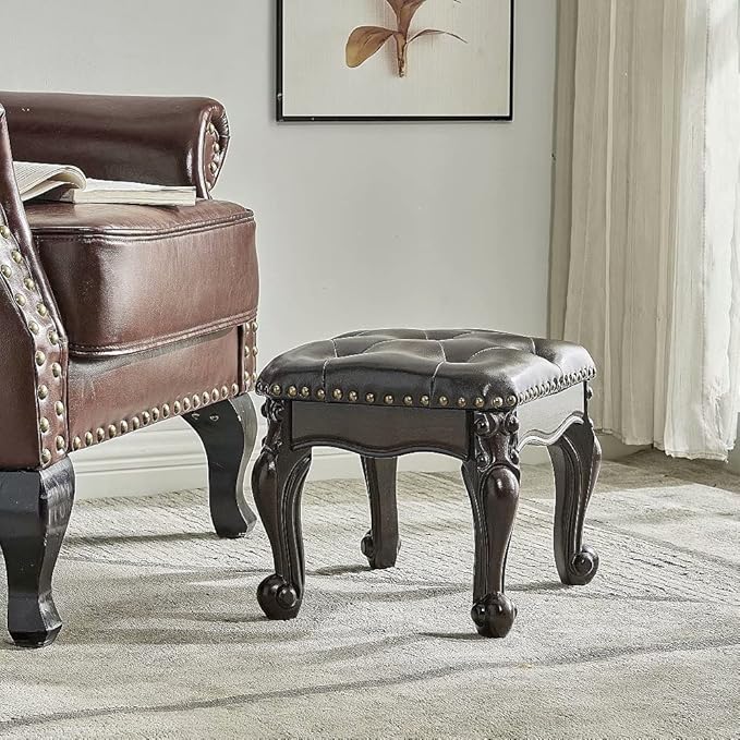 Foot Stool Ottoman with Microfiber Leather Cushion Footrest Sofa Stool for Hallway, Foyer, Living Room, Bedroom, Simple Assembly (Dark Brown)