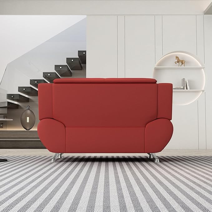 Container Furniture Direct Michael Modern Faux Leather Upholstered Stainless Steel Legs Living Room Sofa, Loveseat, Red