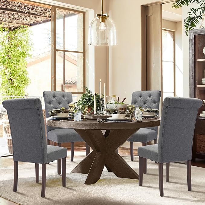 COLAMY Tufted Dining Chairs Set of 6, Parsons Dining Room Chairs Upholstered Fabric Diner Chair Stylish Kitchen Chairs with Solid Wood Legs and Padded Seat - Grey