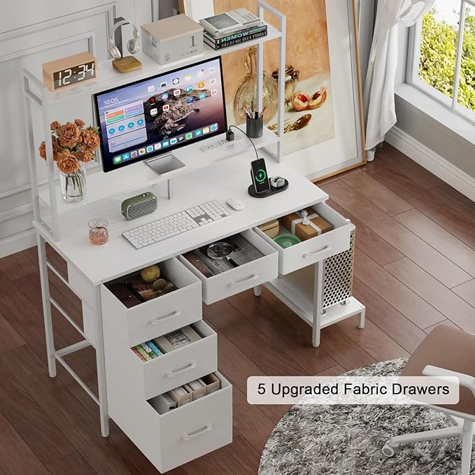 Computer Desk with Hutch, White Gaming Desk with Power Outlets & LED Ligthts & 5 Fabric Drawers, Home Office Desk with 2 Tiers Storage Shelves for Display (White Oak, 39 Inch)