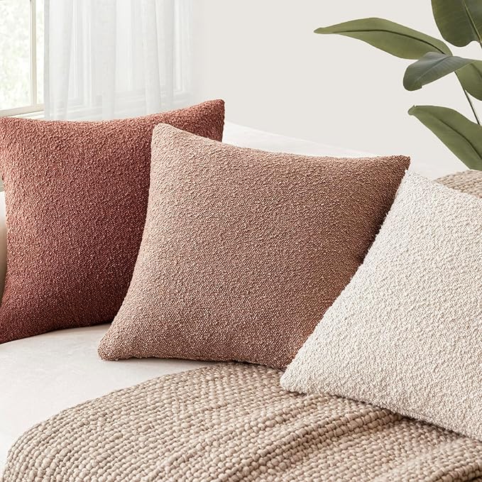 Foindtower Set of 2, Decorative Textured Boucle Throw Pillow Covers Accent Solid Pillow Cases Neutral Cozy Couch Cushion Case for Chair Sofa Bedroom Living Room Home Decor 26x26 Inch Orange Rust Red