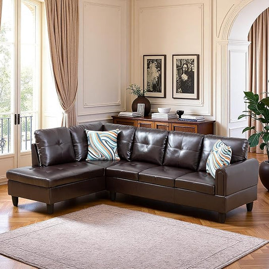 L Shaped Couch Sectional Couches with Chaise, 3 Pieces Modular Convertible Sofa for Living Room Furniture Sets and Small Apartment Faux Leathert, Brown