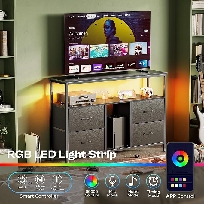 Huuger TV Stand Dresser with Power Outlets and LED Lights, 4 Drawers Entertainment Center with Open Shelf, Media Console for 50 43 Inch TV, Dresser with PU Finish, Black