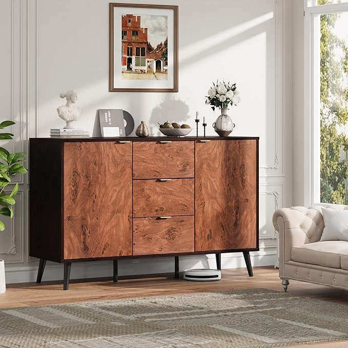 GarveeHome Buffet Cabinet with Drawers, 51.2'' Large Sideboard Buffet Credenza Storage Cabinet with Shelves and Doors, Coffee Station Cabinet with Metal Handle, Robot Vacuum Friendly (Walnut)