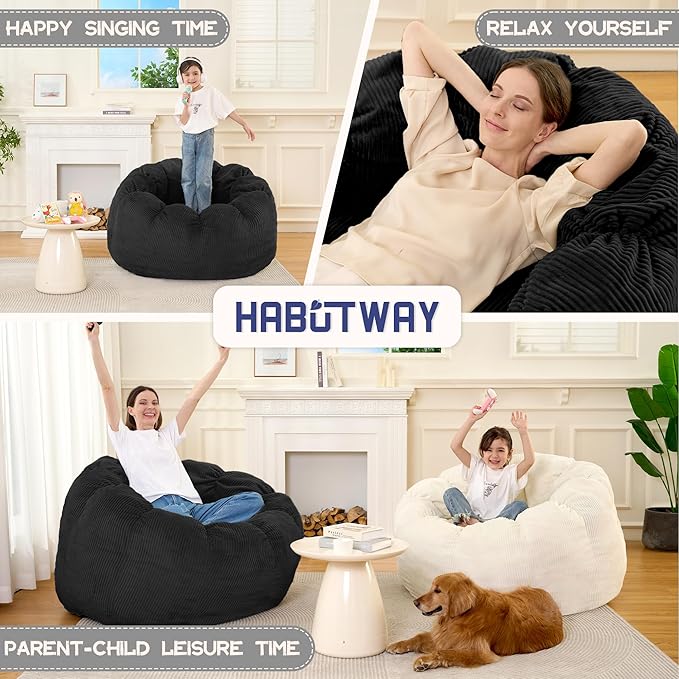 HABUTWAY Giant Bean Bag Chair for Adults/Kids/Teens, Pumpkin Bean Bag Couch Comfy Reading Chair for Bedroom, Corduroy Lazy Sofa Loughe Chair with Wider Seat Depth & Non-Slip Bottom (Black)