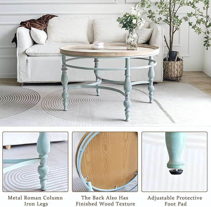Rustic Farmhouse Round Coffee Table, French Country Vintage Center Table,φ31.5'' x18.9''H Rustic Solid Wood with Vintage Iron Legs, for Living Room, Bedroom,Dinning Room,Nature White