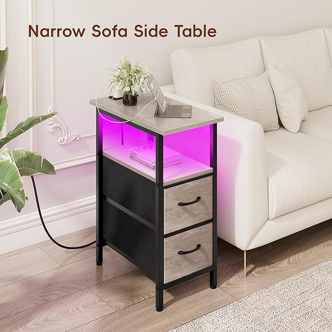Vagusicc Nightstand with Charging Station and LED Lights, Narrow Side Table, LED Night Stand with 2 Fabric Drawers, Bedside Table with USB Ports and Outlets, Tall Nightstand for Bedroom, Rustic Grey