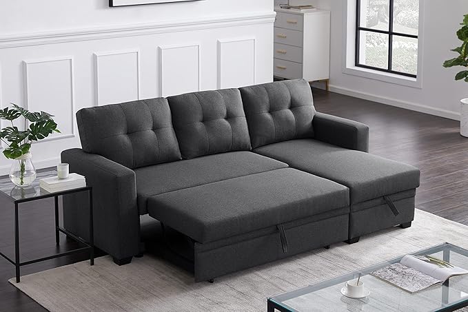 Devion Furniture Meridian 4-in-1 Convertible L Shaped Couch with Pull Out Bed and Storage, Sectional Sleeper Sofa with Reversible Chaise for Living Room, Apartment, Bedroom, Office
