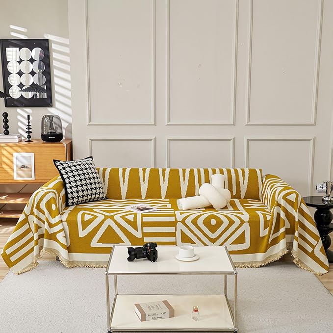STACYPIK Boho Ginger Yellow Couch Cover, Reversible Sofa Cover L Shaped, Pets Protector for 2 Cushion Couch, Anti Slip Loveseat Sofa Cover Pet Friendly, Washable Jacquard Couch Cover Blankets-71X118IN