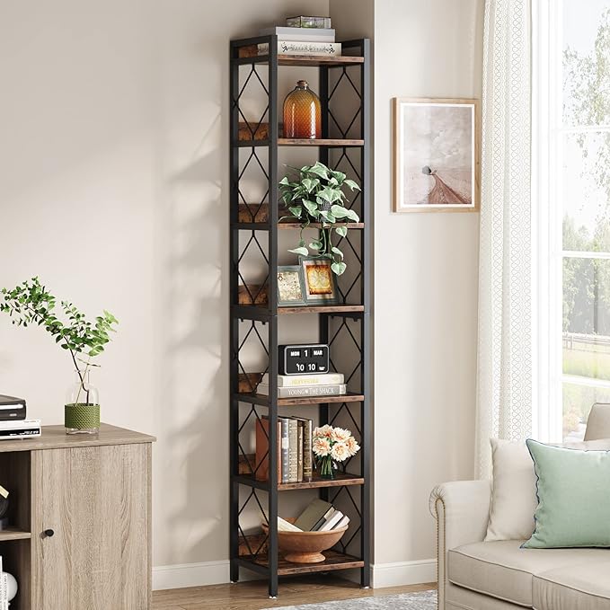 Tribesigns 78.7 Inch Extra Tall Narrow Bookshelf, 7-Tier Skinny Bookcase for Small Spaces, Freestanding Display Shelves, Multifunctional Corner Storage Organizer for Home Office, Rustic Brown