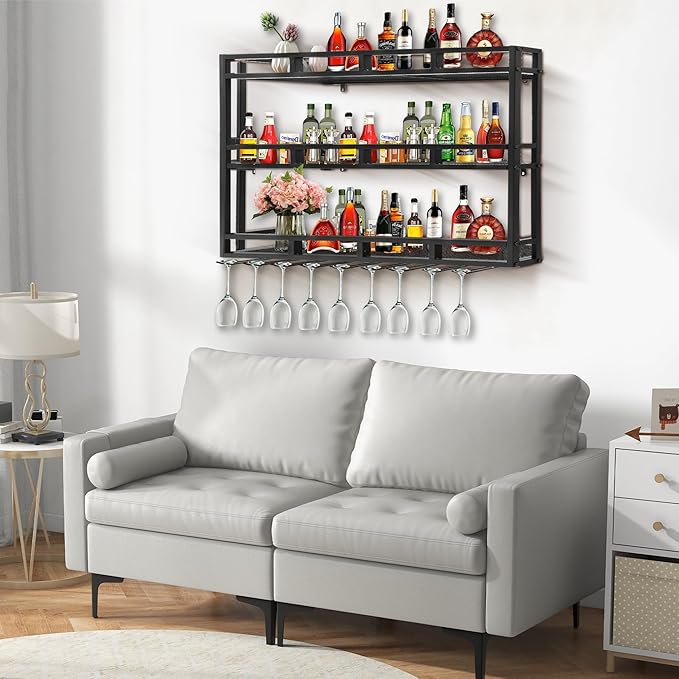 39 Inch Metal Wine Rack Wall Mounted, Bar Shelves for Liquor Bottles with LED Light, 3 Tier Large Capacity Liquor Rack Wall Mounted with Glass Holder for Home Bar & Dining Room, Black