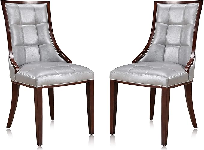 Manhattan Comfort Fifth Avenue Faux Leather Dining Chairs, Parsons Accent Furniture with Padded Wingback Seat, Fine Rectangular Stitching and Solid Beech Wood Frame, Set of 2, Silver