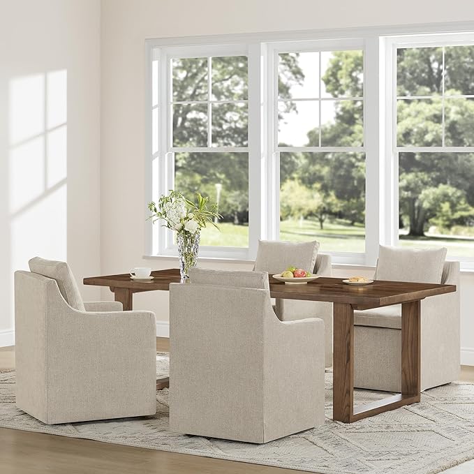 Upholstered Dining Chairs with Casters Easy Assembly Side Deskchair with Rollers for Diningroom, Living Room, Khaki, 4 Box