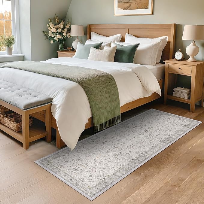 Light Grey 2x6 Boho Bathroom Runner Rug - Modern Vintage Eclectic Floral Pastel Neutral Taupe, Washable Low Pile Non-Slip Runner Rugs for Kitchen, Door Mat Indoor Entrance, Bedroom Laundry Hallway