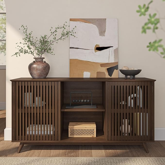 Plank+Beam Mid-Century Modern Wood TV Stand, Solid Wood Entertainment Console with Storage, 59" L x 16" W x 30" H, Walnut