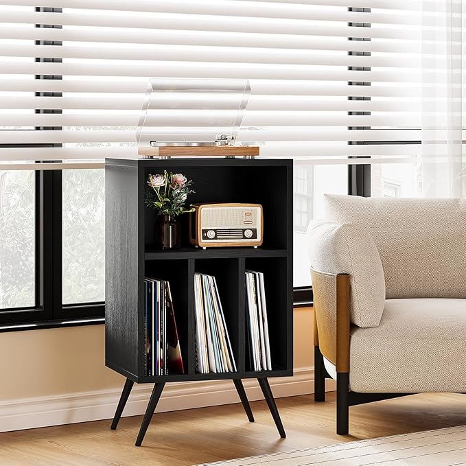 Record Player Stand,Vinyl Record Storage Cabinet with Vinyl Storage Holds Up to 200 Albums for Bedroom Living Room Playroom,Black