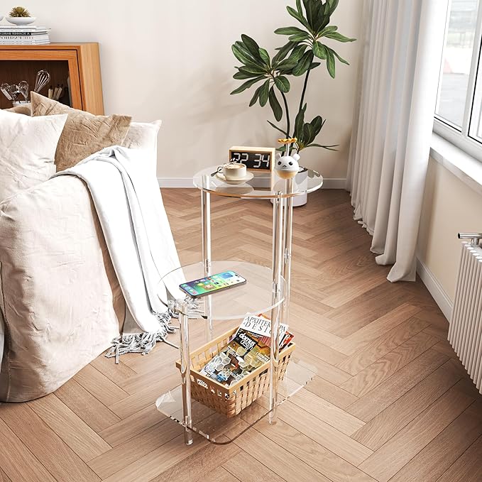 Eglaf Acrylic Round Side Table - 3 Tiers Step End Table - Clear Nightstand Small Bedside Table Accent Entryway Table, for Living Room, Bedroom, Hallway, 16.7'' L x 11.8'' W x 23.5'' H