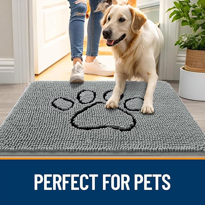 OLANLY Door Mat for Muddy Dog Paws 36x24, Ultra Absorbent Chenille Mud Doormat with Paw Print Design, Non-Slip Washable Doormat for Indoor Entryway, Quick-Dry Pet Bed Mats for Dirty Dogs, Grey