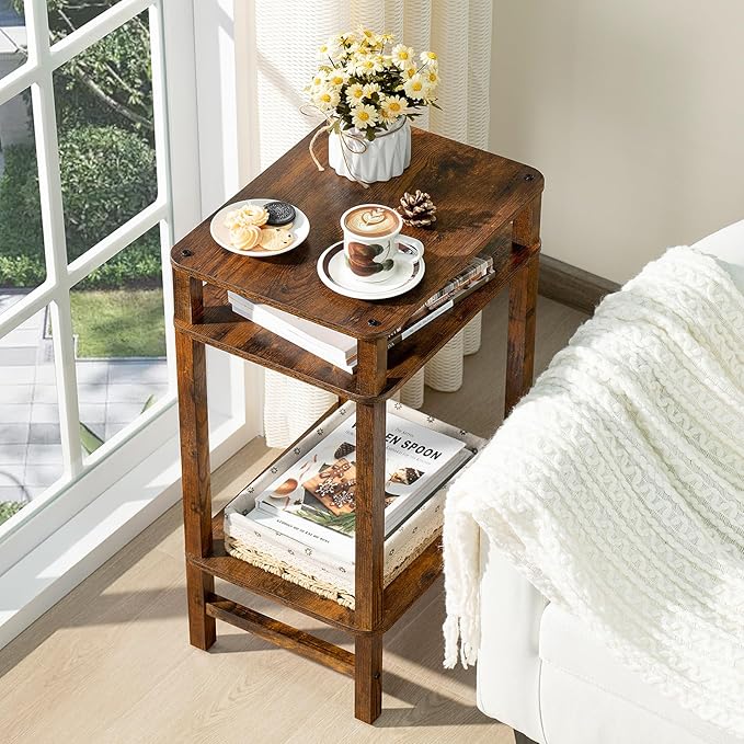28in Tall Side Table 3-Tier Small Narrow End Table for Couch, Skinny Nightstand for Small Space, Farmhouse Slim Night Stand with Storage, Wooden Frame Thin Bedside Table, for Living Room, Brown