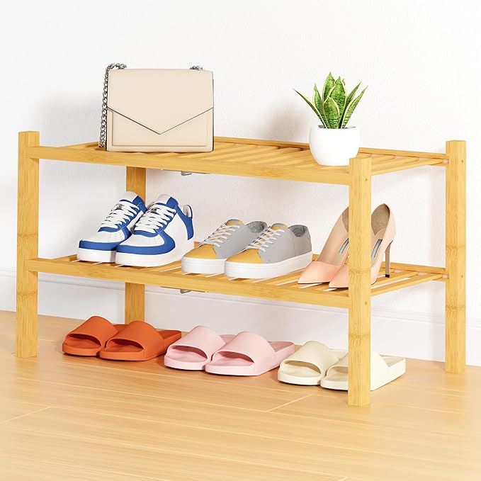 Smiry Shoe Rack, 2 Tier Thick Bamboo Shoe Organizer, Stackable Free Standing Wooden Shoe Storage Shelf for Closet, Entryway, Front Door Entrance, Natural