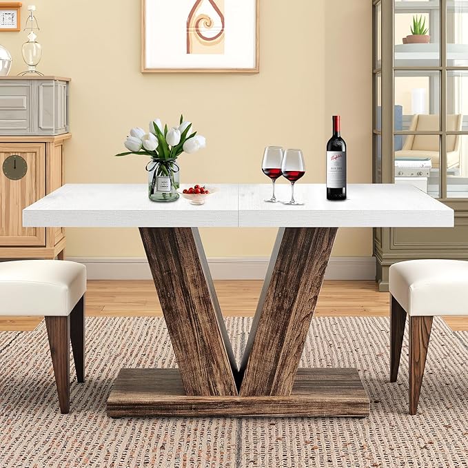 Dining Table for 4-6, 47" Farmhouse Dinner Table with with Wooden Tabletop and Heavy Duty Pedestal Wooden Rectangular Kitchen Tables for Dining Room, Kitchen, Living Room, White & Brown