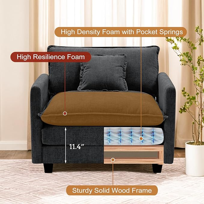 Furniliving Oversized Accent Chairs with Ottoman, Luxury Chenille Single Sofa Couch, Upholstered Deep Seat Chaise Lounge with Pillows for Living Room, Bedroom, Apartment, Black