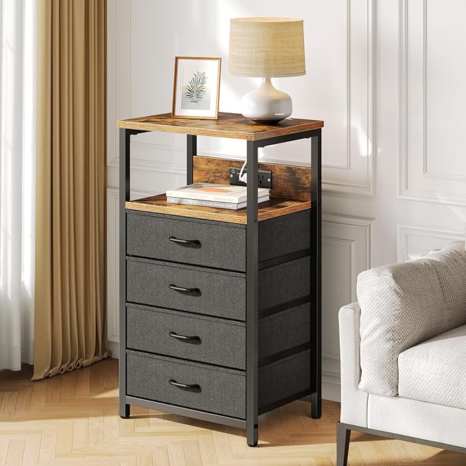 Seventable Night Stand with Charging Station, Tall Nightstand with 4 Fabric Storage Drawers, Side Table with LED Light for Bedroom, Entryway, Rustic Brown