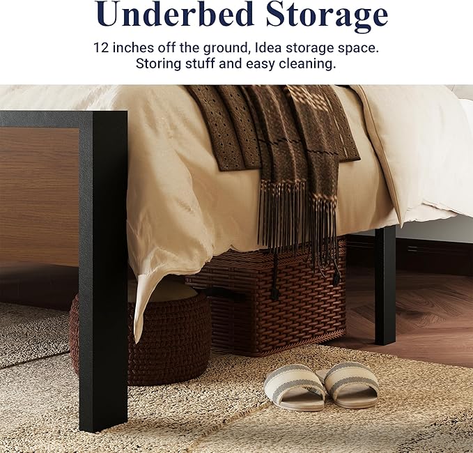 Allewie Queen Size Platform Bed Frame with Wooden Headboard and Footboard, Heavy Duty 12 Metal Slats Support, No Box Spring Needed, Under-Bed Storage, Noise Free, Easy Assembly, Walnut