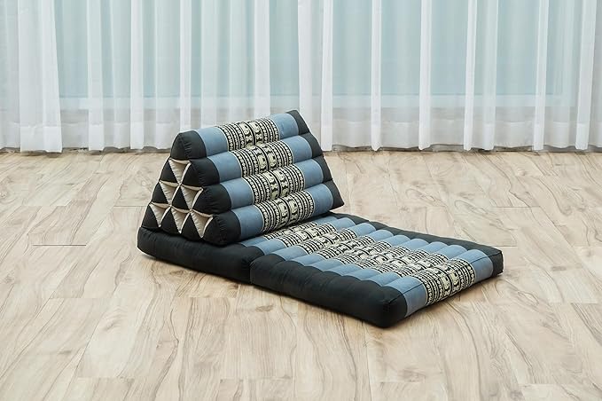 LEEWADEE 2-Fold Mat with Triangle Cushion – Comfortable TV Pillow, Foldable Mattress with Cushion Made of Eco-Friendly Kapok, 45 x 20 inches, Blue