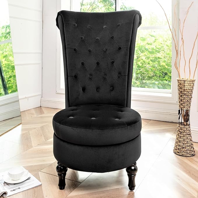Container Furniture Direct Royal High-Back Velvet Accent Chair for Vanity with Storage and Luxurious Upholstery, Retro Design and Versatile Usage for Living Room, Bedroom, Lounge and Office, Black
