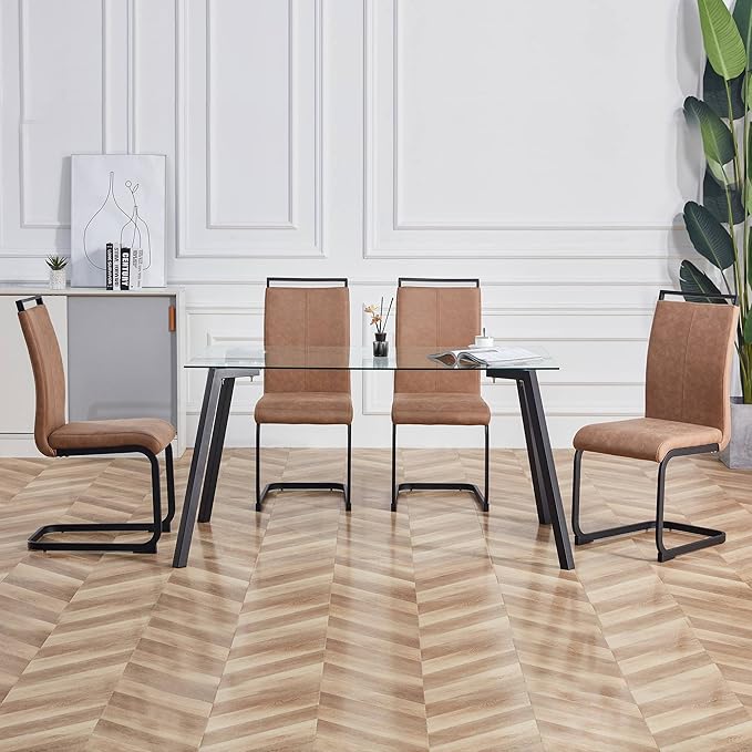 Dining Chairs Set, Kitchen Modern Metal Chairs with Faux Leather Padded Seat High Back and Sturdy Chrome Legs, Chairs for Dining Room (Brown, Set of 4)