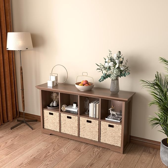 Cube Shelf Bookcase with Base - Wooden 2 Tiers Floor Standing Low Storage Cabinet for Home and Office, 8-Cube Lattice Bookshelf, Walnut