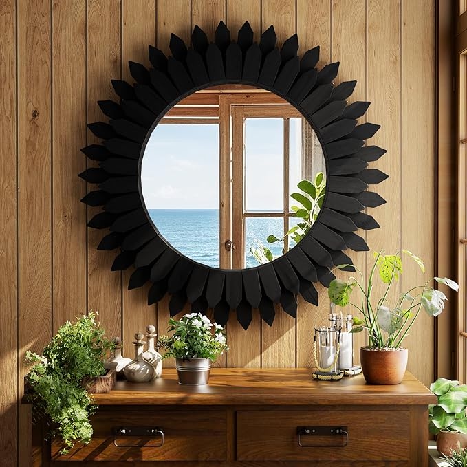 24 Inch Black Boho Wall Decor Sunburst Mirror - Round Wooden Wall Decor, Handmade Rustic Circular Mirror for Living Room, Bedroom, Entryway, Office