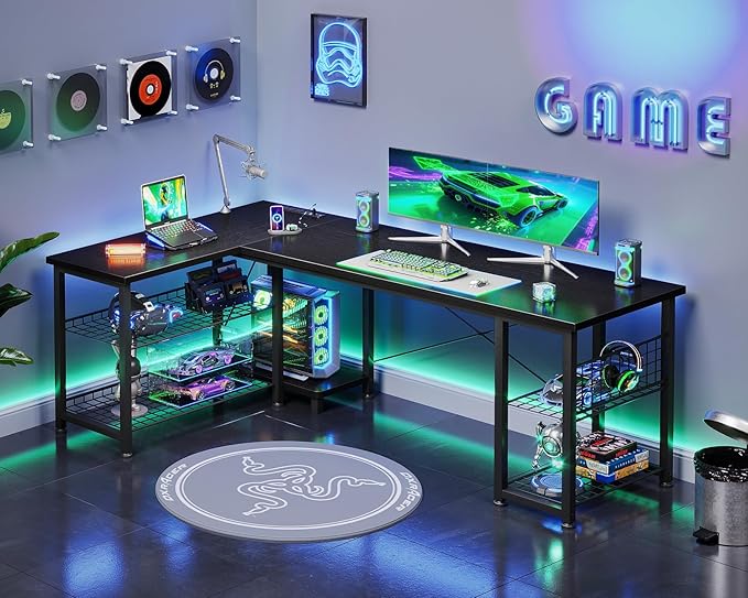 Casaottima 59 Inch L Shaped Gaming Desk with Shelves & Power Outlets, Reversible Computer Desk with Storage Shelves for Home Office, Black