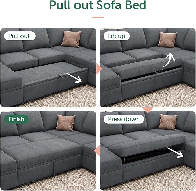 HONBAY Modular Sectional Sleeper Sofa with Pull Out Bed, Chenille L Shaped Couch with Storage Seats, Convertible Sectional Couches for Living Room, Bluish Grey